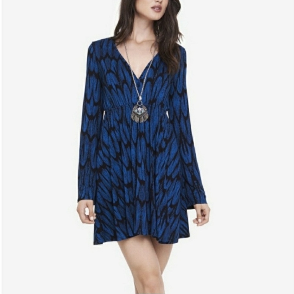 Express Blue Feather Pattern Women's Dress Size medium Fit And Flare Long Sleeve